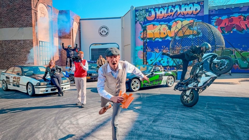 Eine dynamische Actionszene in einer filmischen Straßenkulisse: Im Vordergrund läuft eine Person in heller Weste auf die Kamera zu, während hinter dieser mehrere getunte Autos stehen. Links sitzt eine Person lässig auf einem Auto, daneben filmt eine weitere Person mit einer großen Kamera. Rechts führt eine Person auf einem Motorrad einen Stunt auf dem Vorderrad vor. Im Hintergrund sind bunte Graffiti-Wände und ein großes Stahlkugel-Gerüst zu sehen.