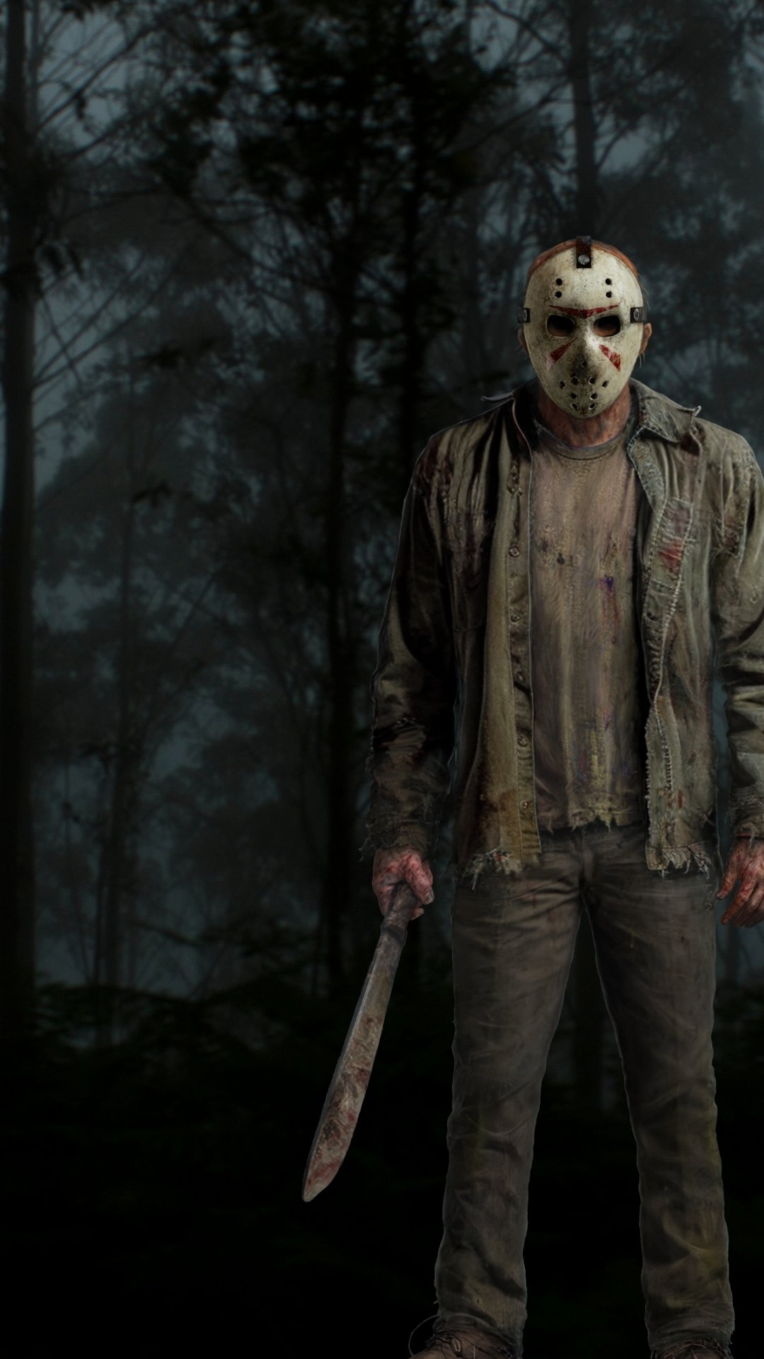 Ikonische maskierte Horrorfigur mit Machete in einem finsteren Wald bei Nacht. Atmosphärisches Motiv für ein Halloween- oder Horror-Event.