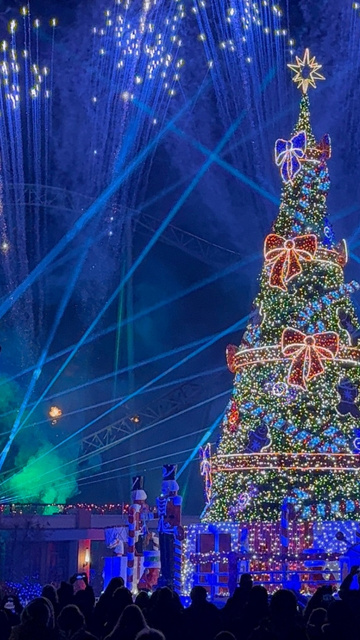 Achtbaan die een heuvel afdaalt. Mensen steken hun armen omhoog tijdens de afdaling.