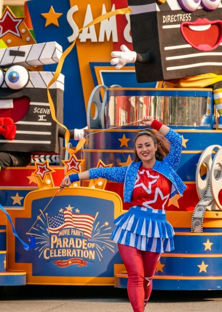 Bunte Parade in einem Freizeitpark: Ein festlich dekorierter Wagen mit Filmklappen-Figuren, Filmrollen, Popcorn und Sternenmotiven fährt über eine Parkstraße. Im Vordergrund tanzt eine Person in einem rot-blau-weißen Kostüm mit langen Bändern. Auf dem Wagen ist das Logo „Movie Park’s Parade of Celebration“ zu sehen. Weitere Paradefahrzeuge folgen im Hintergrund, umgeben von bunten Gebäudefassaden, Bäumen und sonnigem Wetter.