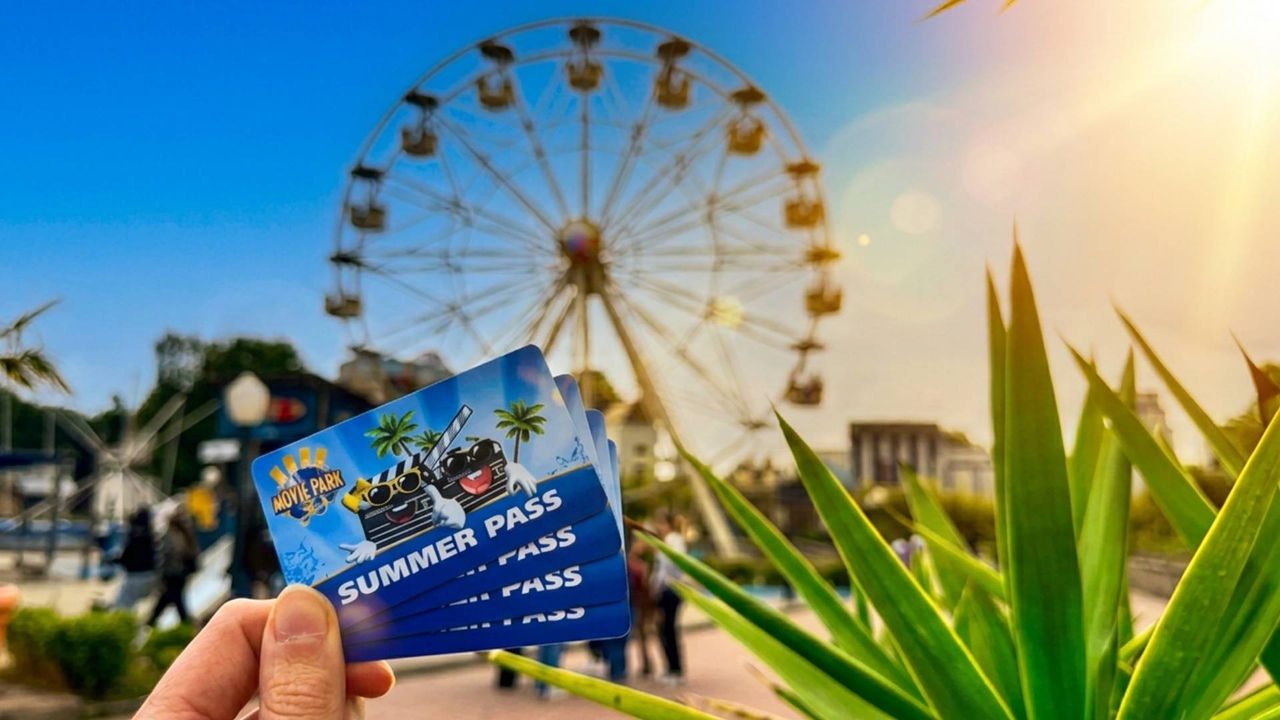 Eine Hand hält mehrere blaue Movie Park Summer Pass Karten in die Kamera. Im Hintergrund ist unscharf ein großes Riesenrad in einem Freizeitpark bei sonnigem, warmem Licht zu sehen. Rechts im Vordergrund ragen grüne Pflanzenblätter ins Bild
