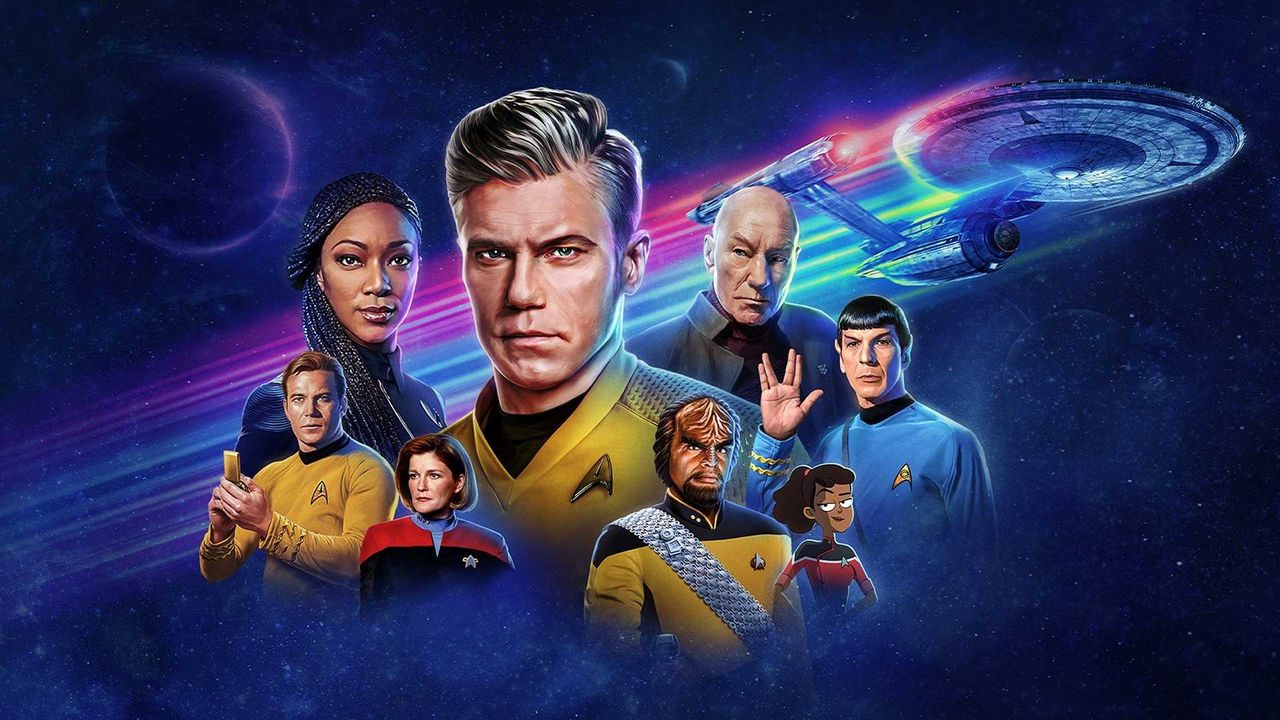 Werbegrafik im Science-Fiction-Stil mit mehreren Personen in farbigen Raumfahrtuniformen, die um eine zentrale Figur im Vordergrund angeordnet sind. Im Hintergrund fliegt ein großes Raumschiff durch den Weltraum entlang einer leuchtenden, mehrfarbigen Energiebahn. Sterne, Nebel und Planeten erzeugen eine kosmische Kulisse in kräftigen Blau-, Violett- und Rosatönen. Die Komposition vermittelt die Themen Weltraumforschung, Abenteuer und Teamarbeit.