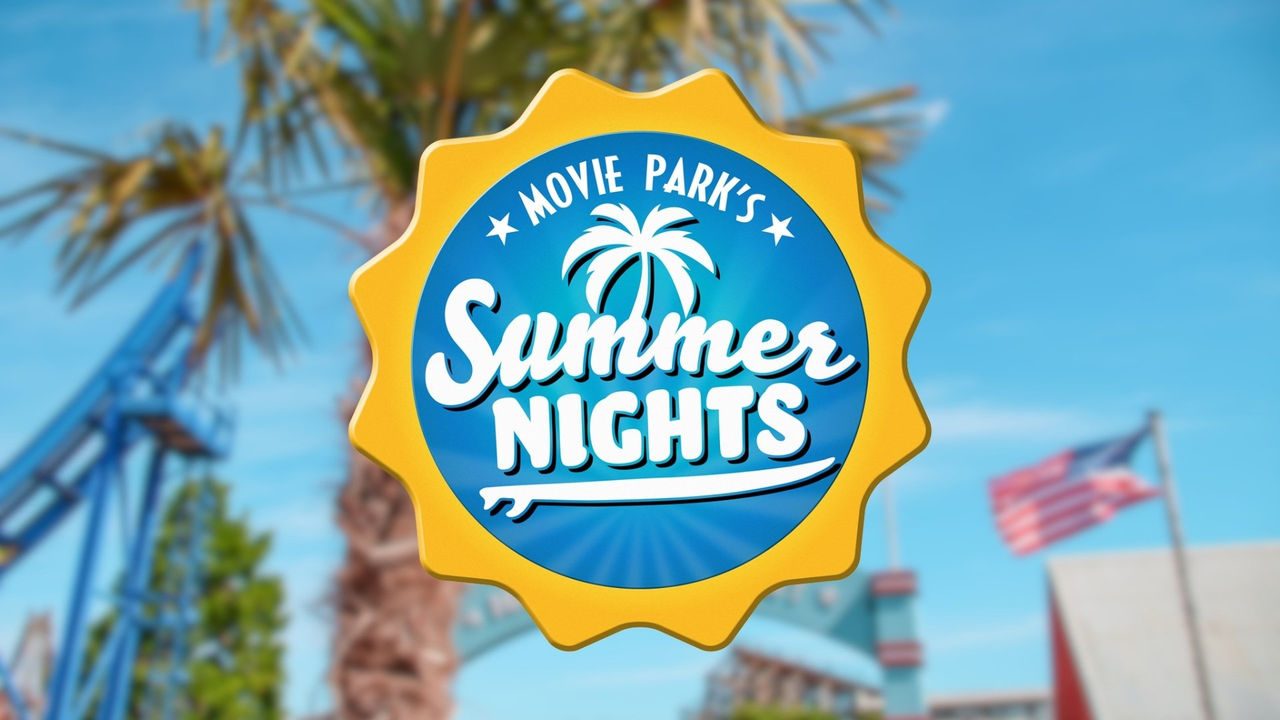 Movie Park Summer Nights logo in blue, yellow, and white centered over a blurred amusement park background featuring a roller coaster track, palm trees, and an American flag against a bright blue sky. Visible text reads: “Movie Park’s Summer Nights.”