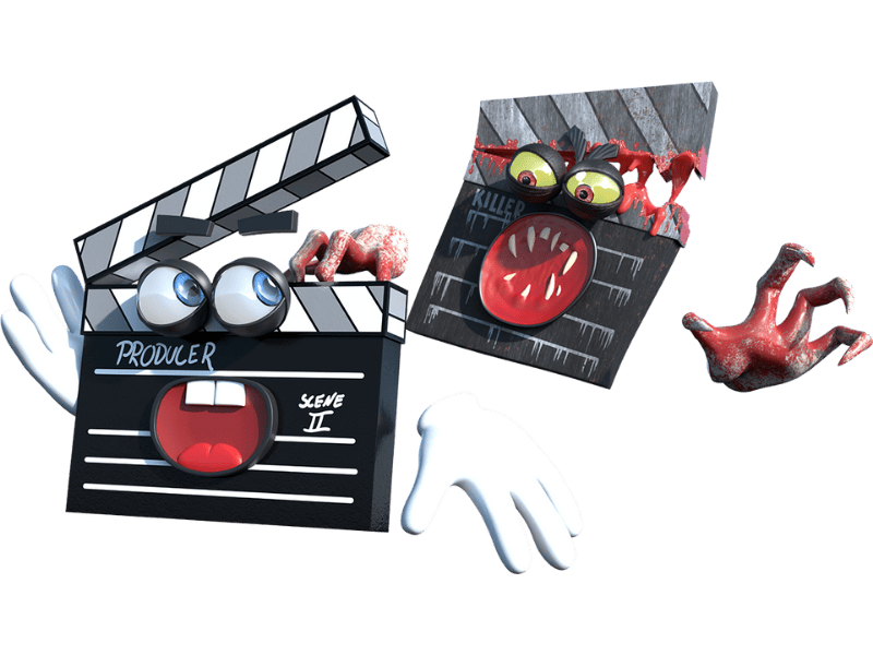 Maskottchen von Movie Park Germany, Filmklappen, die sich jagen. 