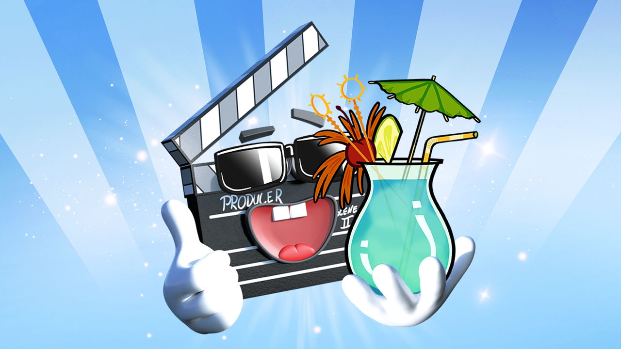 Comic Filmklappe vor blauem Hintergrund mit Cocktail in der Hand und Sonnenbrille über den Augen.
