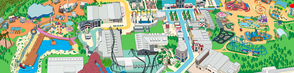 Interaktiver Parkplan vom Movie Park Germany mit einer Übersicht aller Themenbereiche, Achterbahnen und Attraktionen für die Besuchsplanung.